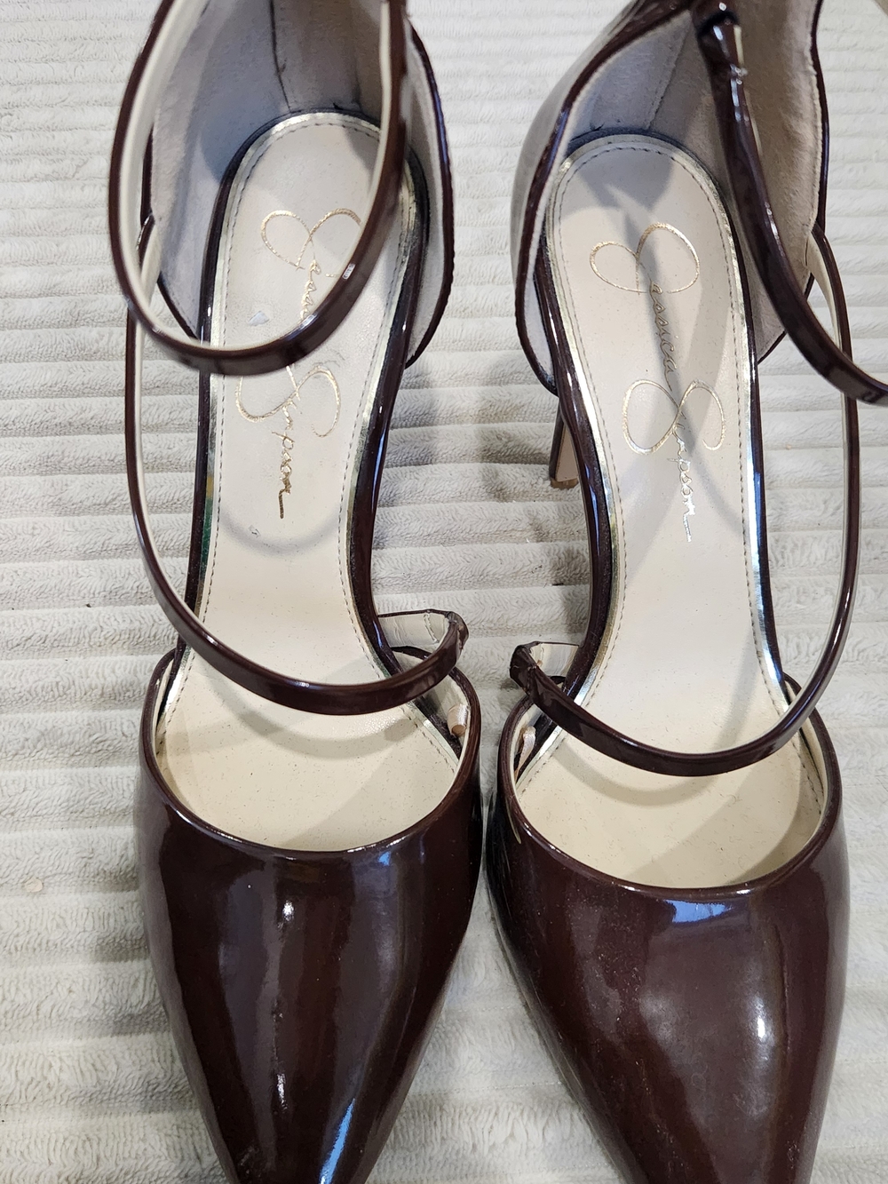 Jessica Simpson Brown Patent Pointed-Toe Ankle-Strap Heels